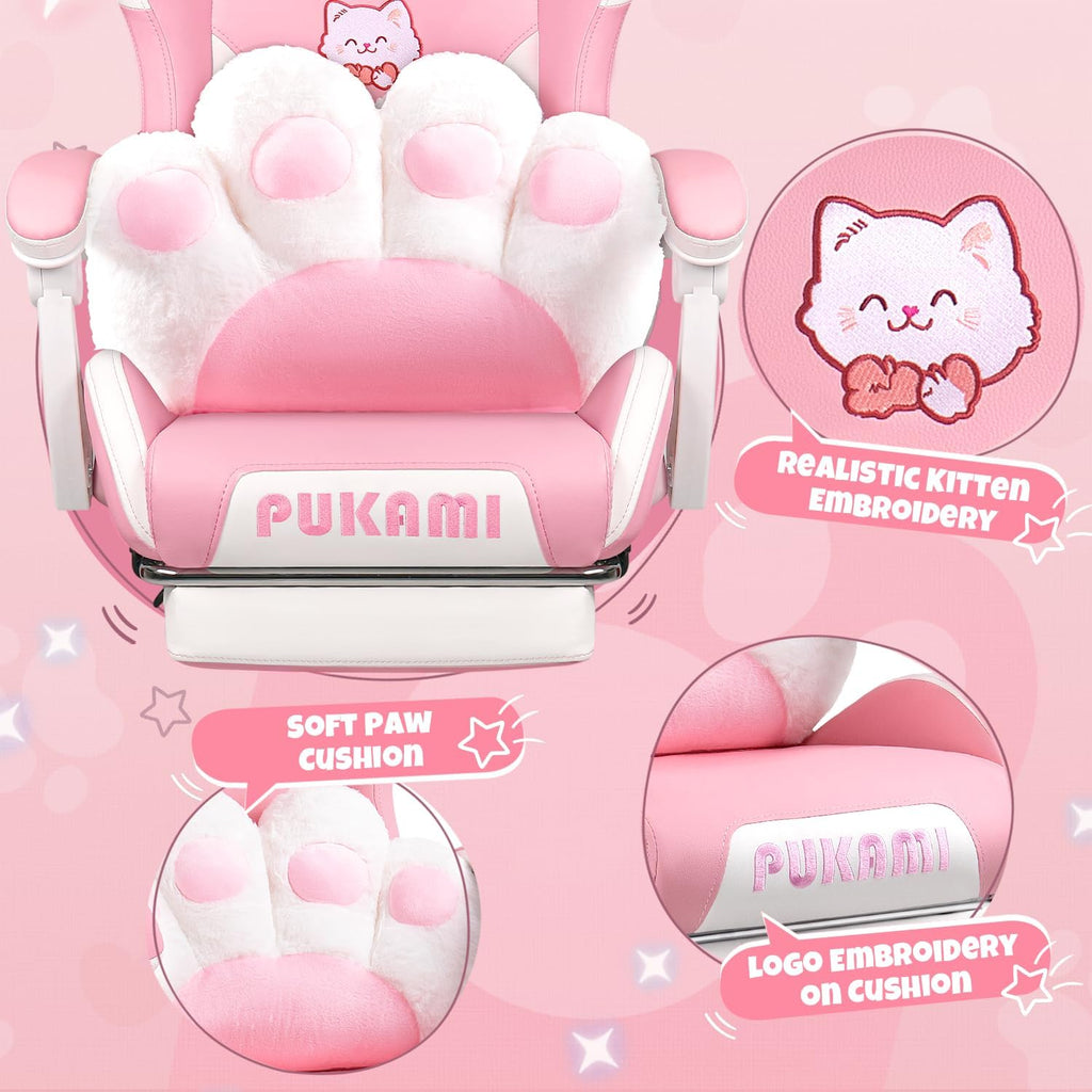 Pink Gaming Chair with Cat Ears & Footrest, Ergonomic Gaming Computer Desk Chair with Cat Paw Lumbar Support & Linked Armrests - Cute PU Leather Game Chair for Girls Adults