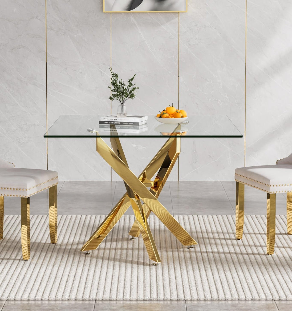 Henf 36'' Tempered Glass Dining Table for 2-4 People, Square Kitchen Table with Gold X-Base Metal Legs, Adjustable Feet, Glass Desk for Small Space, Gold Square Dining Room Table for 4