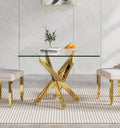 Henf 36'' Tempered Glass Dining Table for 2-4 People, Square Kitchen Table with Gold X-Base Metal Legs, Adjustable Feet, Glass Desk for Small Space, Gold Square Dining Room Table for 4