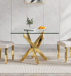 Henf 36'' Tempered Glass Dining Table for 2-4 People, Square Kitchen Table with Gold X-Base Metal Legs, Adjustable Feet, Glass Desk for Small Space, Gold Square Dining Room Table for 4