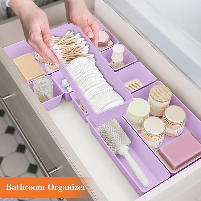25 PCS Plastic Drawer Organizer Set, 4-Size Versatile Organizer Trays & storage Bins for Makeup, Jewelry, and Gadgets in Bathroom, Bedroom and Office, Purple