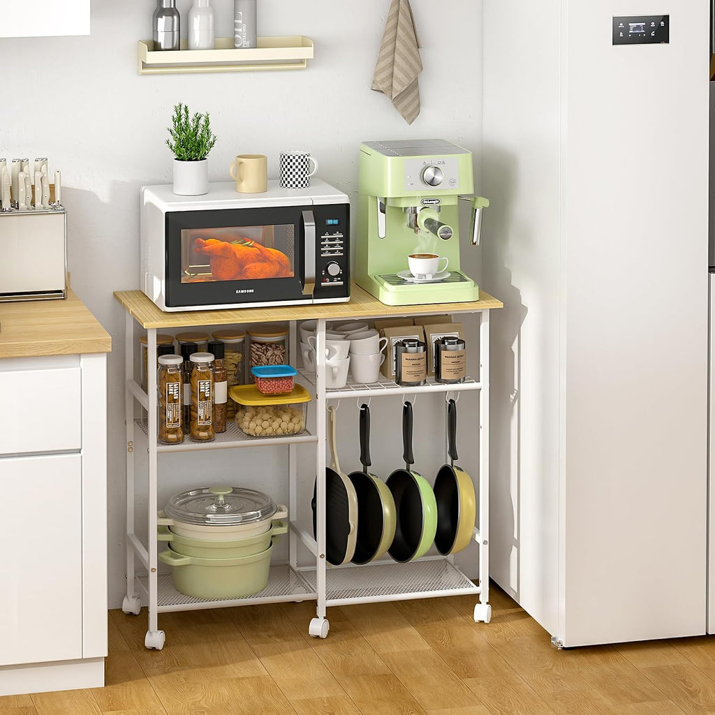 ThreeHio Kitchen Island cart with Storage, Mobile Kitchen Cart with 4 Hooks and Adjustable Shelf on Wheels, Rolling Microwave Stand Coffee Bar Baker's Rack Utility Cart for Kitchen, Dinning Room,White