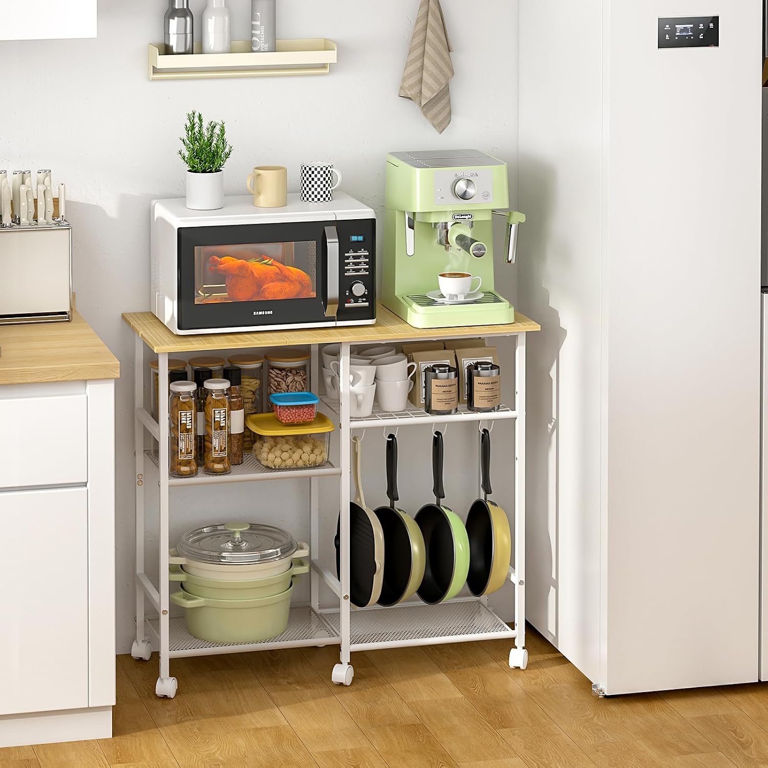 ThreeHio Kitchen Island cart with Storage, Mobile Kitchen Cart with 4 Hooks and Adjustable Shelf on Wheels, Rolling Microwave Stand Coffee Bar Baker's Rack Utility Cart for Kitchen, Dinning Room,White