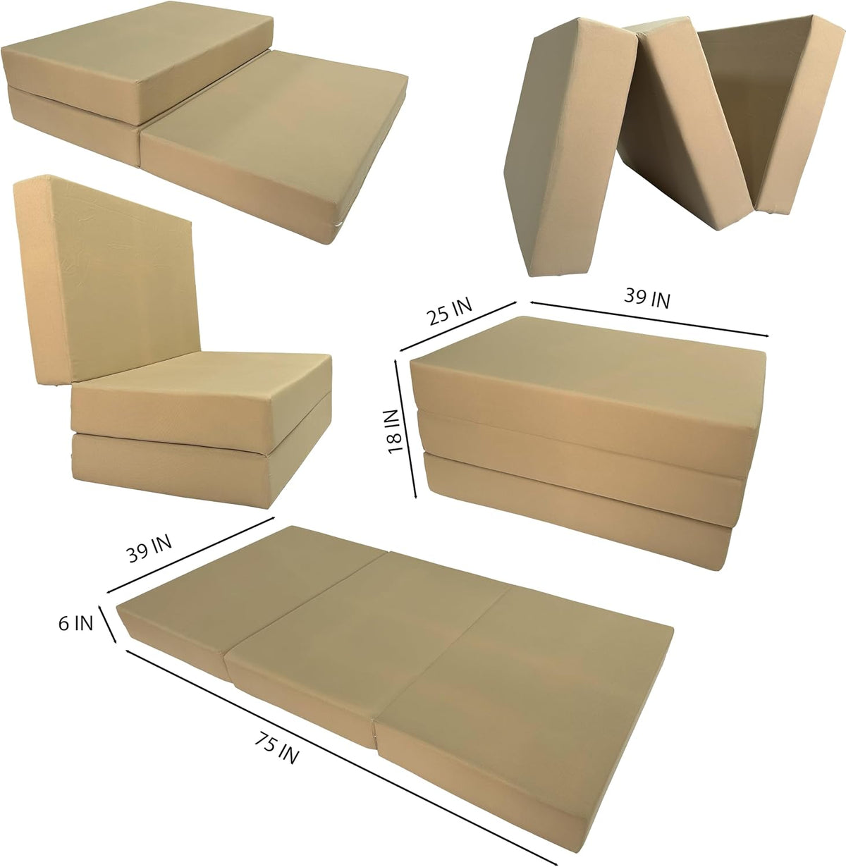 D&D Futon Furniture Tan Trifold Foam Beds, Shikibuton, Tatami Cushion Topper, Foldable Futon Pad, Twin 6x39x75
