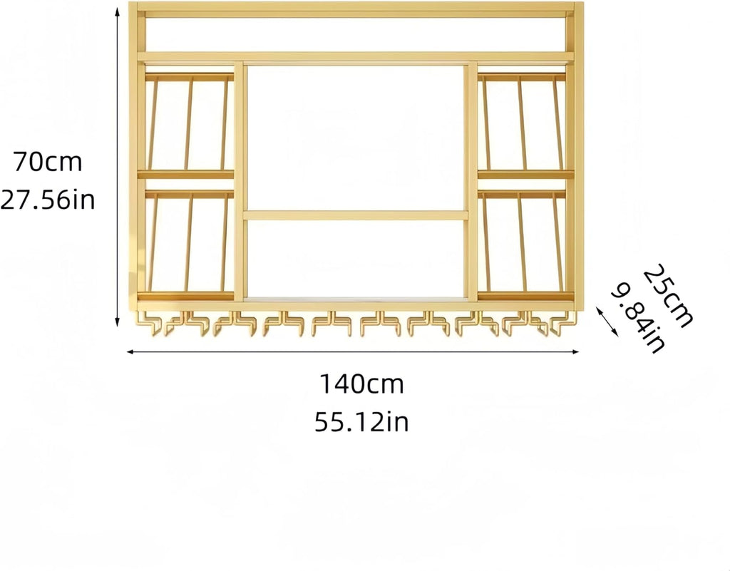 55 Inch Wine Rack Wall Mounted, 3-Tier Wall Bar Shelf with Glass Holder, Industrial Metal Wine Storage Display Rack for Home Bars or Kitchen Display, Gold