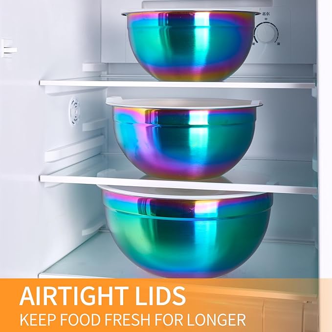 Colorful Mixing Bowls with Airtight Lids, Stainless Steel Nesting Mixing Bowls Set of 7, Ideal for Baking, Prepping and Serving Food, Size 7, 3.6, 2.7, 2.1, 1.5, 1.1,0.8 QT, Stackable Design