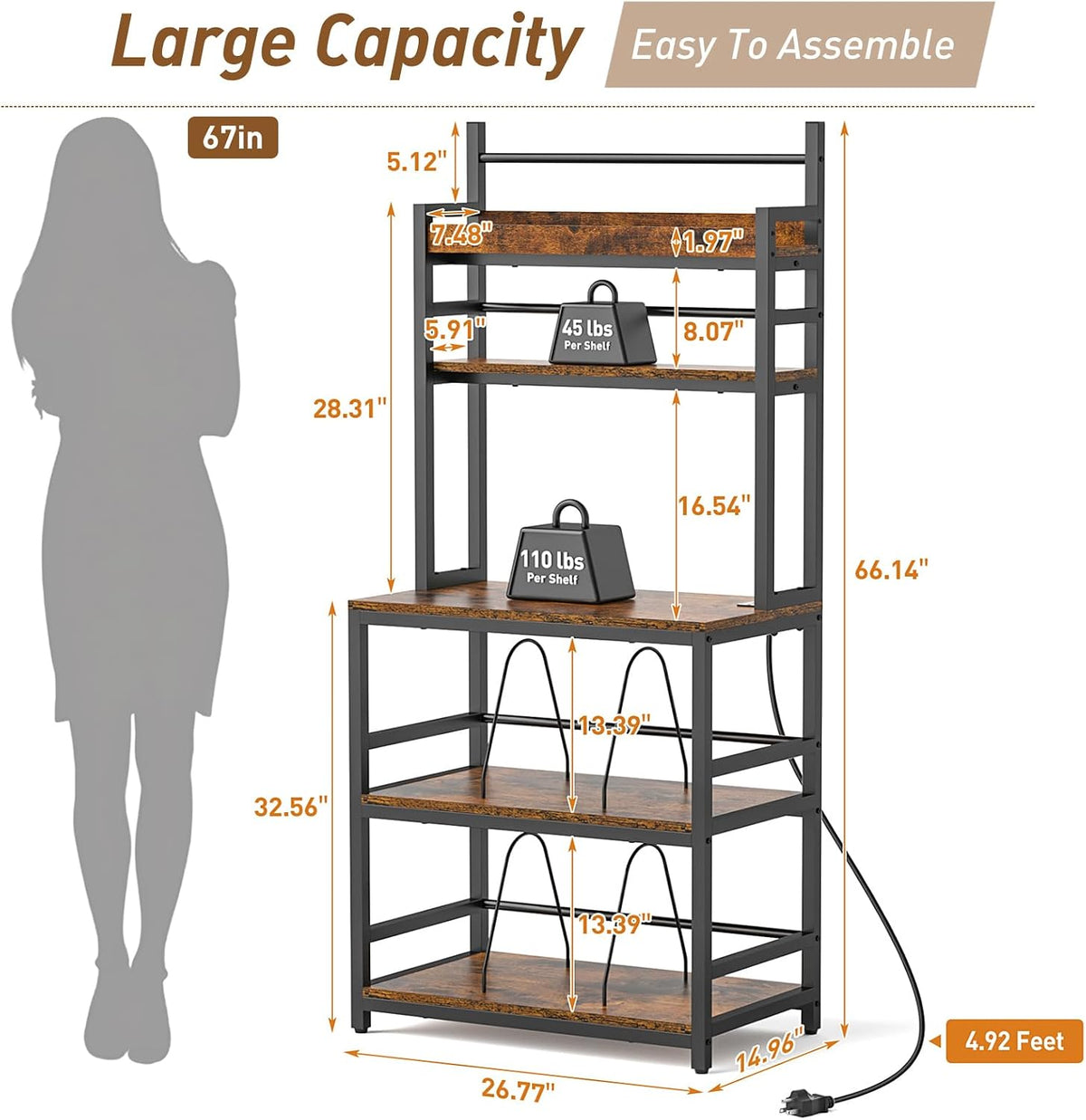 Large Record Player Stand with Vinyl Storage Shelf, Holds Up 500+ Albums | 5-Tier Record Player Table Turntable Stand with Charging Station & CD/DVD Rack, Vinyl Record Storage for Living Room Bedroom
