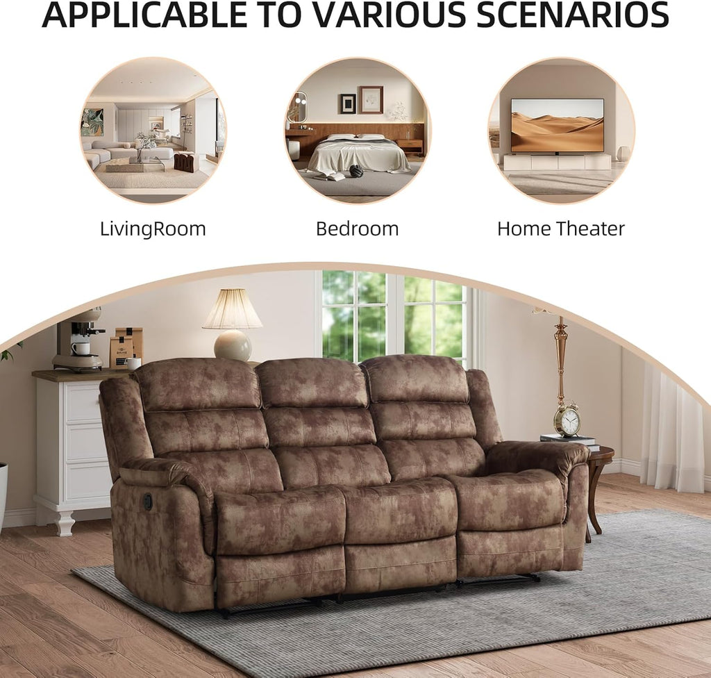 EBELLO Reclining Sofa for Living Room, Extra Wide Modern Overstuffed 3 Seat Recliner Manual Sofa Chair, Breathable Soft Fabric and Padded Seat, Brown