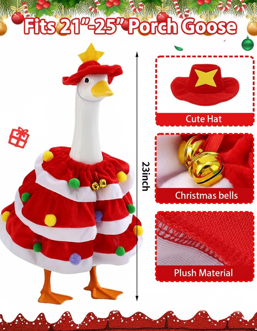 Christmas Porch Goose Outfits with Bells, 2 Pcs/Set Lawn Cement Goose Clothes, 23" Patio Yard Garden Geese Costume Decoration, Red