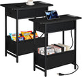 Long Narrow Side Tables Set of 2 with Charging Station, Slim Nightstand with Drawer and Fabric Basket, Skinny End Table for Living Room, Bedroom, Small Spaces, Black