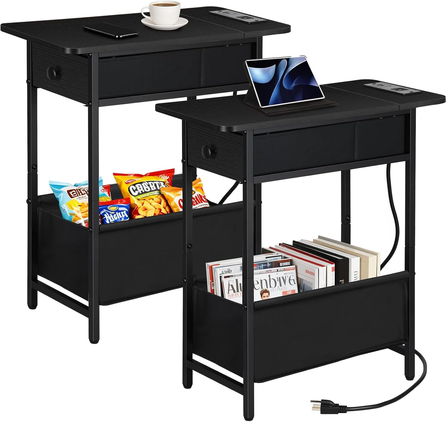 Long Narrow Side Tables Set of 2 with Charging Station, Slim Nightstand with Drawer and Fabric Basket, Skinny End Table for Living Room, Bedroom, Small Spaces, Black
