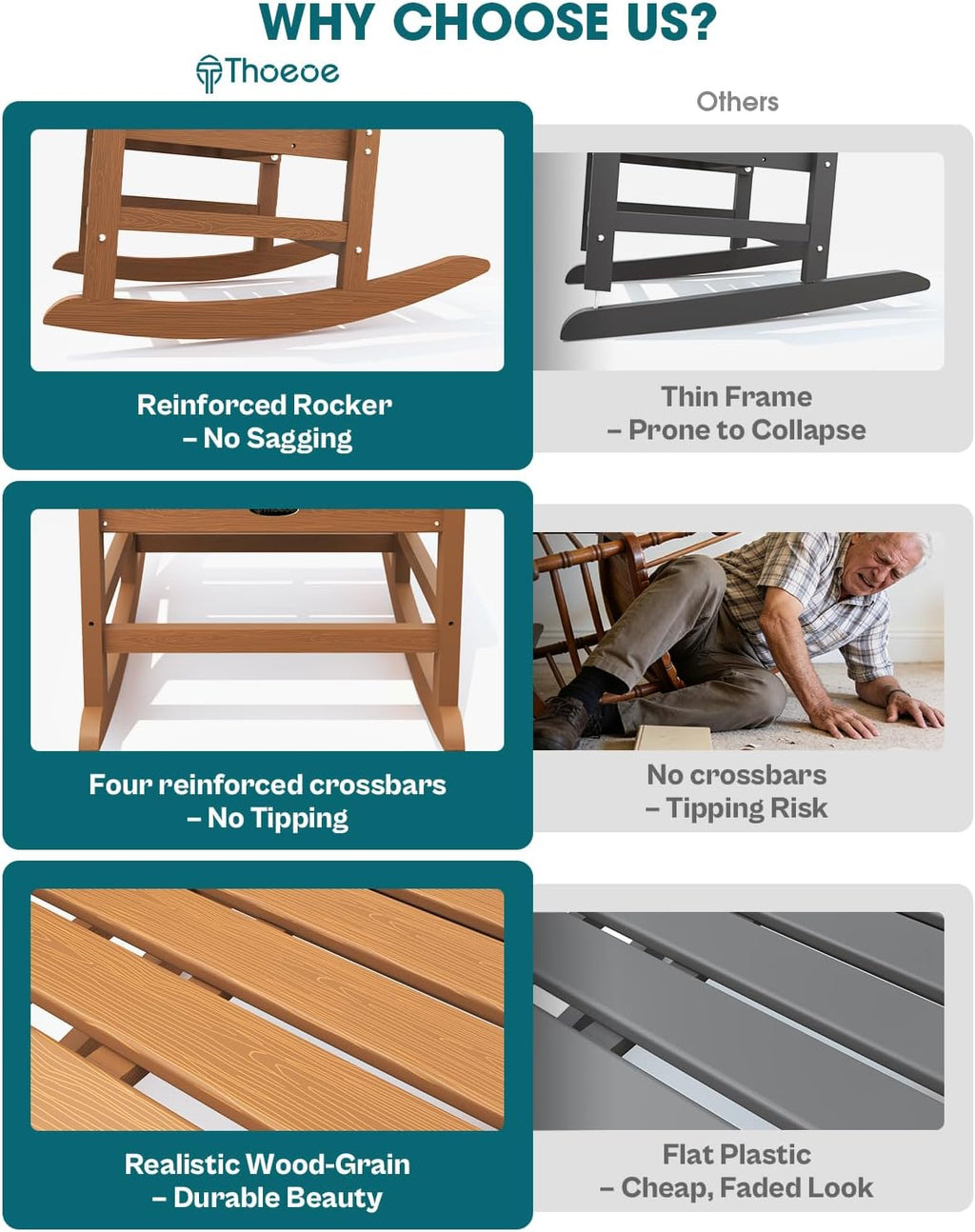 THOEOE Outdoor Rocking Chairs Set of 2, Oversized Patio Rocking Chair | HDPE Outdoor Rockers for Front Porch, Patio, Backyard, Balcony and Garden. All-Weather High Back Design, Wood