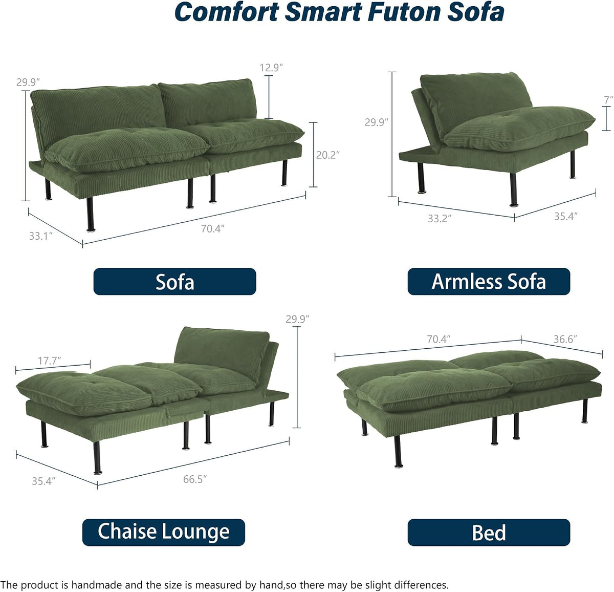 Ribilake 2 Sets 70" Futon Sofa Bed, 4 in 1 Multi-Function Couch Sleeper with Adjustable Backrest, Modern Convertible Futon, Recliner Small Loveseat for Living Room, Green
