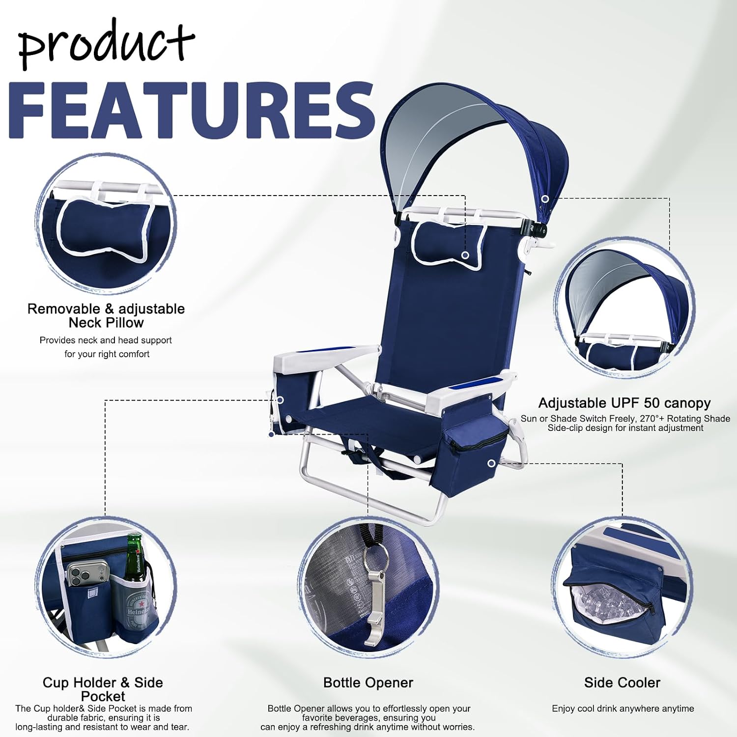 Beach Chair with Umbrella and Canopy Shade, Aluminum Backpack Beach Chairs for Adults, Adjustable Sun Shade, 5 Position Lay Flat, Cooler Bag, Cup Holder, Towel Bar, Navy Blue