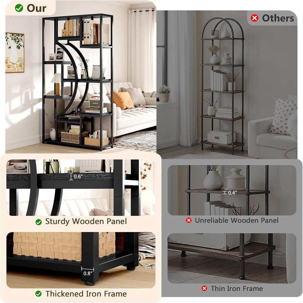 LGHM Bookshelf Set of 2 with Metal Frame, 5 Tier Geometric Bookcase, Adjustable Modern Book Shelf with 18 Open Storage Shelves, Display Shelf for Living Room, Office, Bedroom,Black