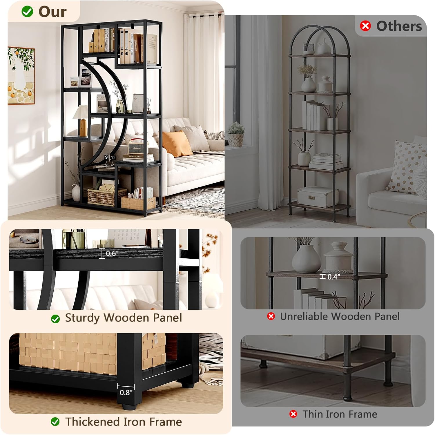 LGHM Bookshelf Set of 2 with Metal Frame, 5 Tier Geometric Bookcase, Adjustable Modern Book Shelf with 18 Open Storage Shelves, Display Shelf for Living Room, Office, Bedroom,Black