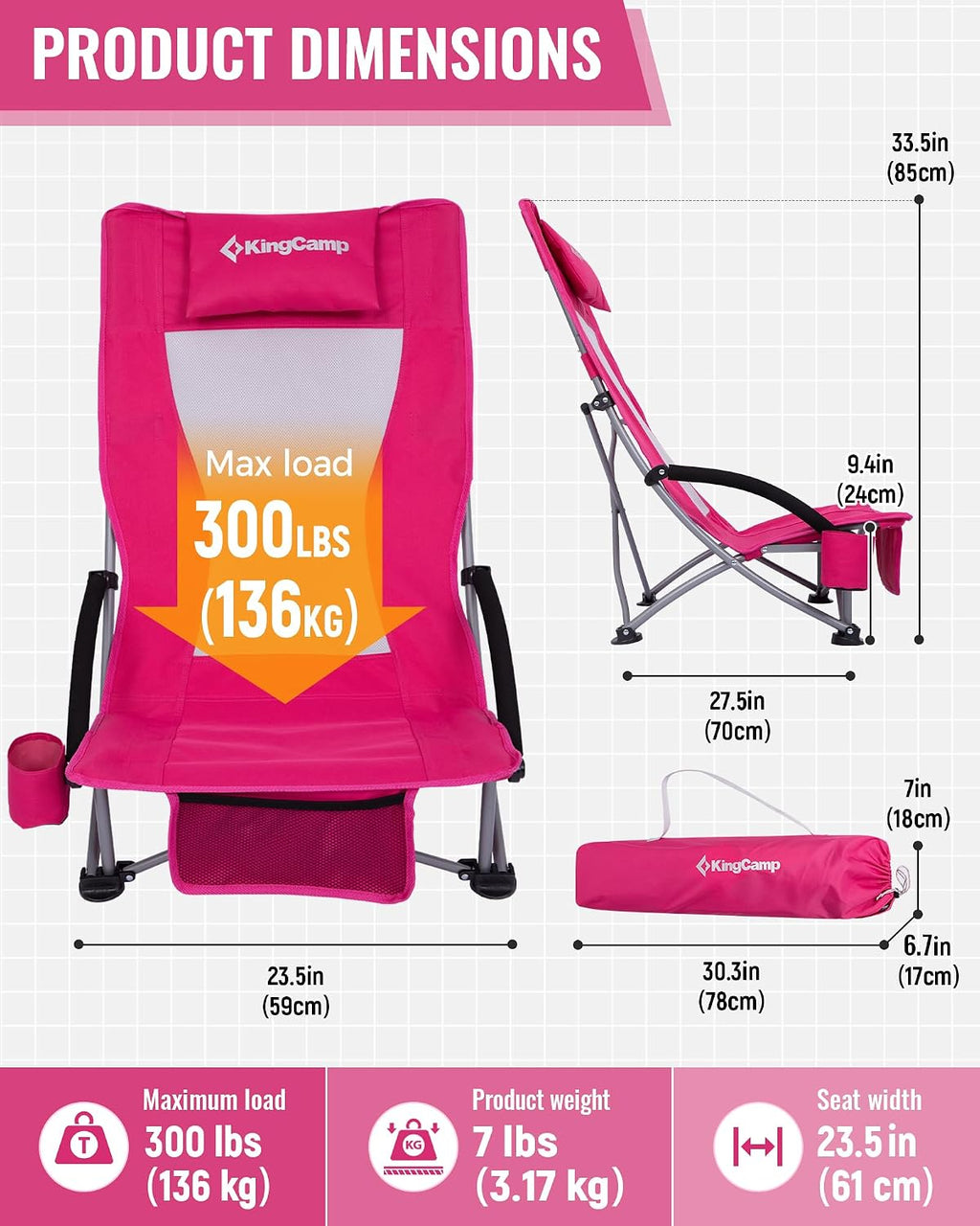 KingCamp Low Beach Chair, High Back Folding Camping Chair for Adults, Oversized Breathable Mesh Seat, 300lbs Heavy Duty Portable Chair with Cup Holder & Storage Pockets for Beach, Outdoor
