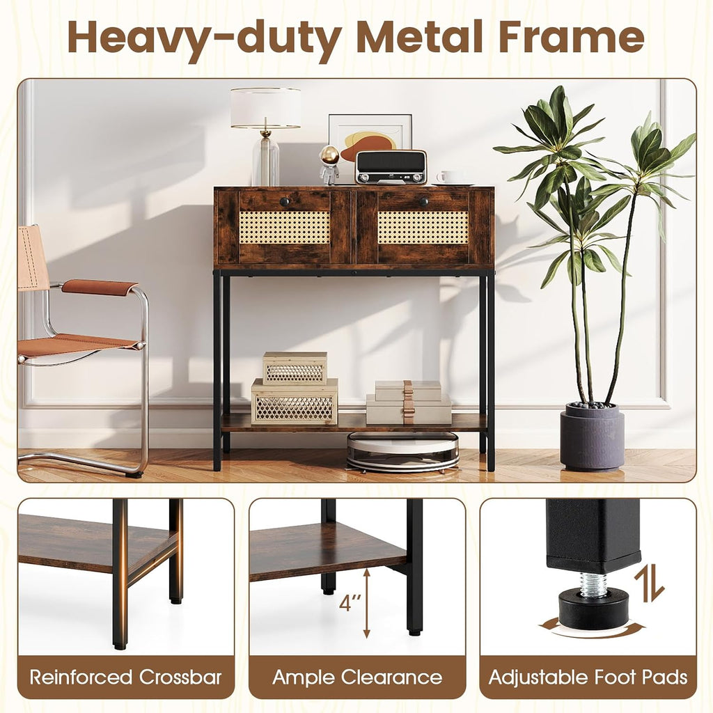 GOFLAME Rattan Console Table, Boho Entryway Table with 2 Drawers & Open Storage Shelf, Narrow Long Sofa Table with Metal Legs, Foyer Table Behind Couch Table for Living Room, Hallway, Rustic Brown