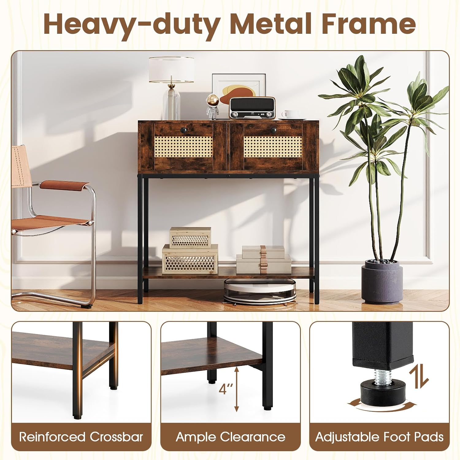 GOFLAME Rattan Console Table, Boho Entryway Table with 2 Drawers & Open Storage Shelf, Narrow Long Sofa Table with Metal Legs, Foyer Table Behind Couch Table for Living Room, Hallway, Rustic Brown