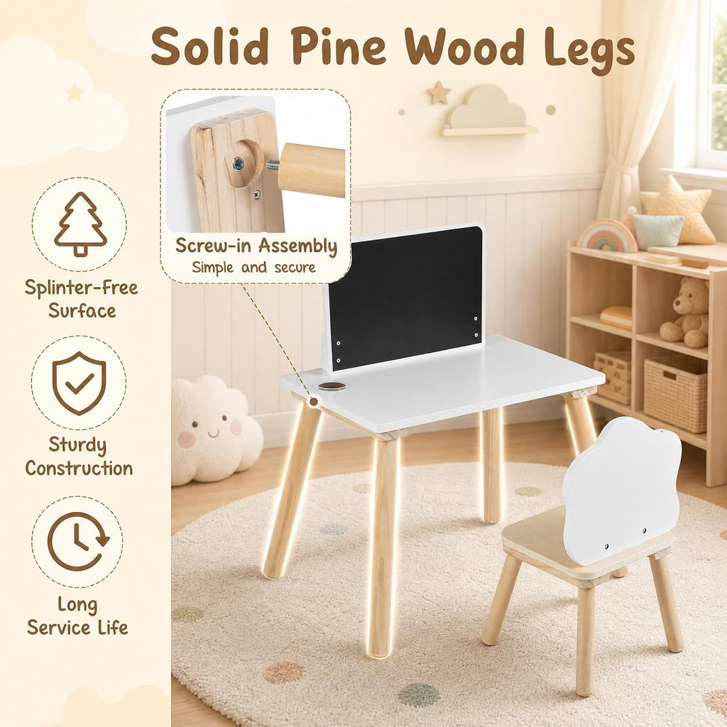 Costzon Weaning Table and Chair Set with Chalkboard | Wooden Kids Table and Chair Set with Brush Pot for Drawing, Learning and Mealtime, Multi Activity Desk for Toddlers