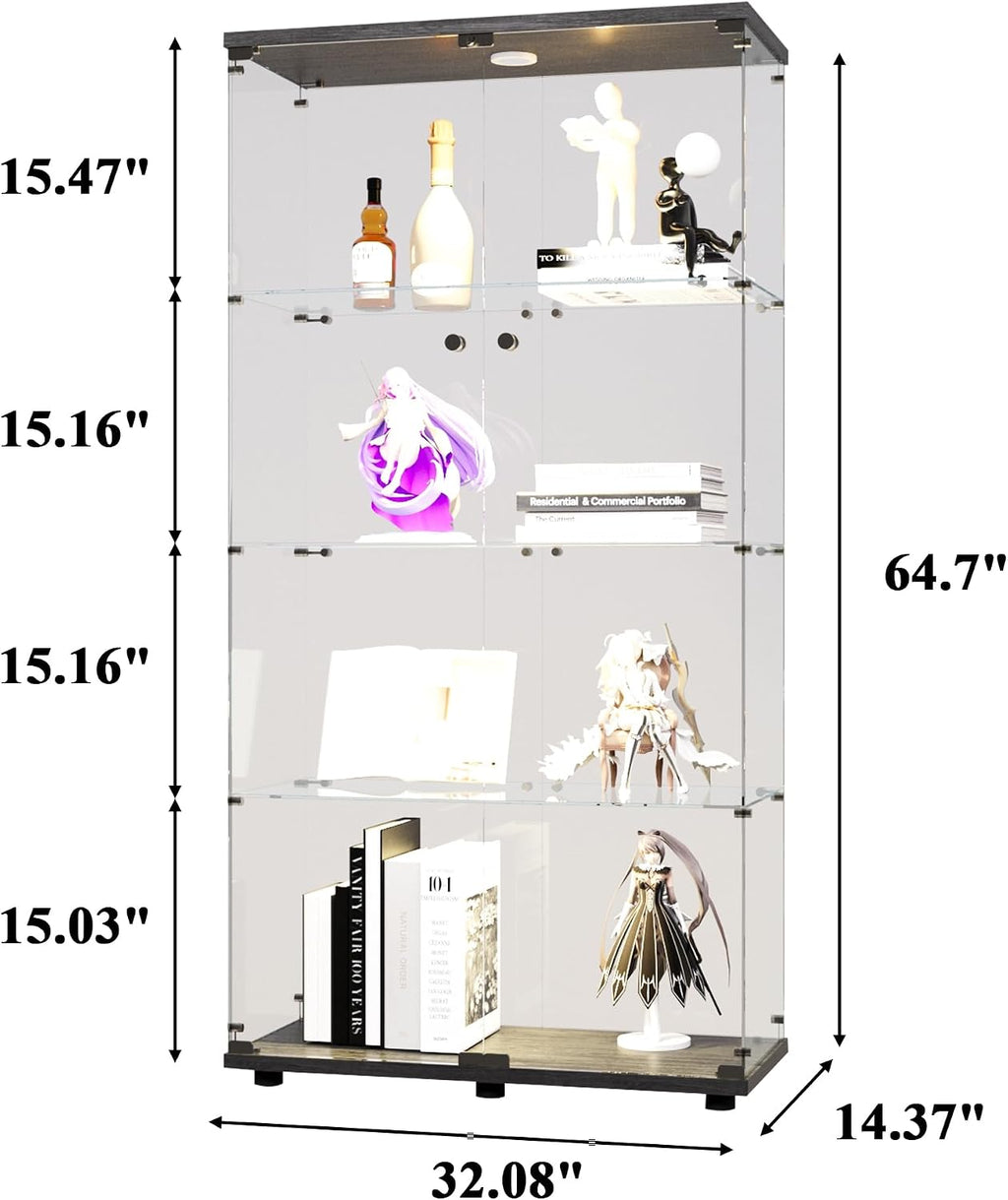 4-Shelf Glass Display Cabinet with LED Lights and Lock,Curio Cabinets Display Case with 2 Door,Tempered Glass Collection Display Showcase for Living Room,Exhibition Hall 64.7"x 32"x 14.4" Black