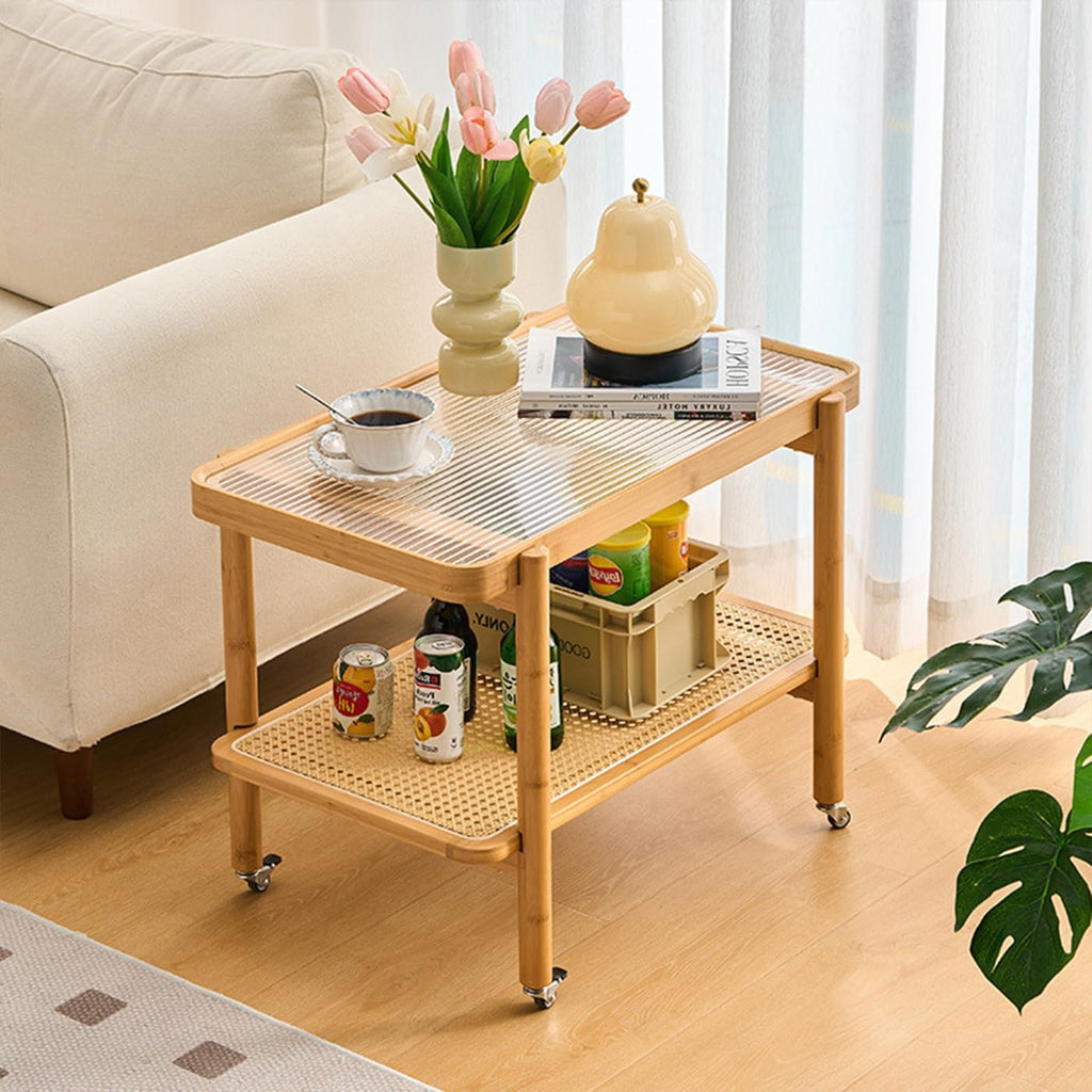 Bamboo Rattan End Table with Wheels, 2 Tier Modern Coffee Table Couch Side Table Utility Rolling Cart Glass Tabletop Snack Table for Balcony Living Room Bedroom