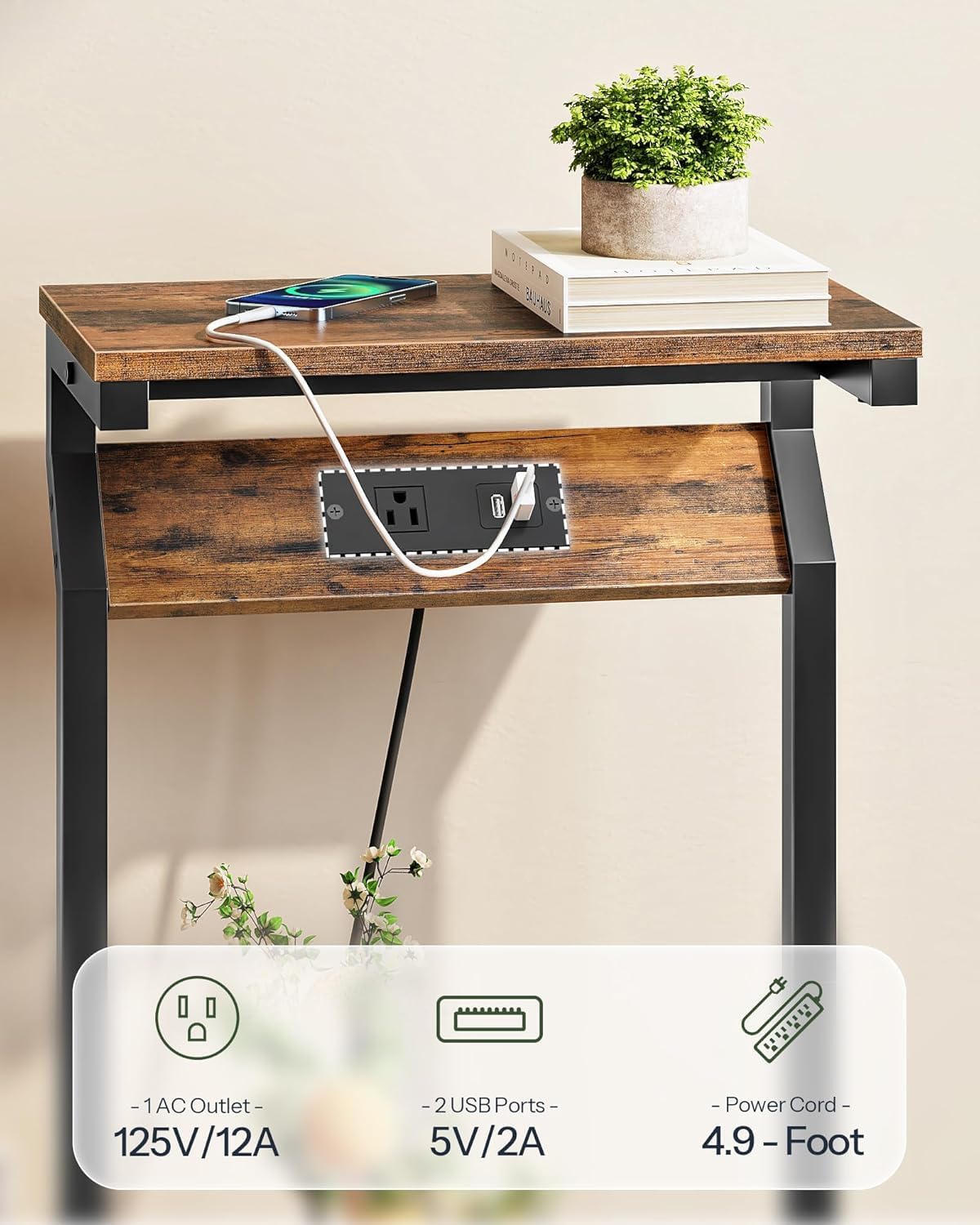 CHOEZON Narrow Side Table with Charging Station, 27" Skinny End Table for Small Spaces, Couch Table with Storage, Slim Tray Table with USB Ports, for Living Room, Bedroom, Rustic Brown TBZ27UBF