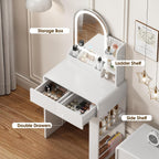 Vanity, Small Vanity Desk with Mirror and Lights, Side Shelf Storage Space, Compact Girls Dressing Table in Bedroom, Modern Round Curved Design, White