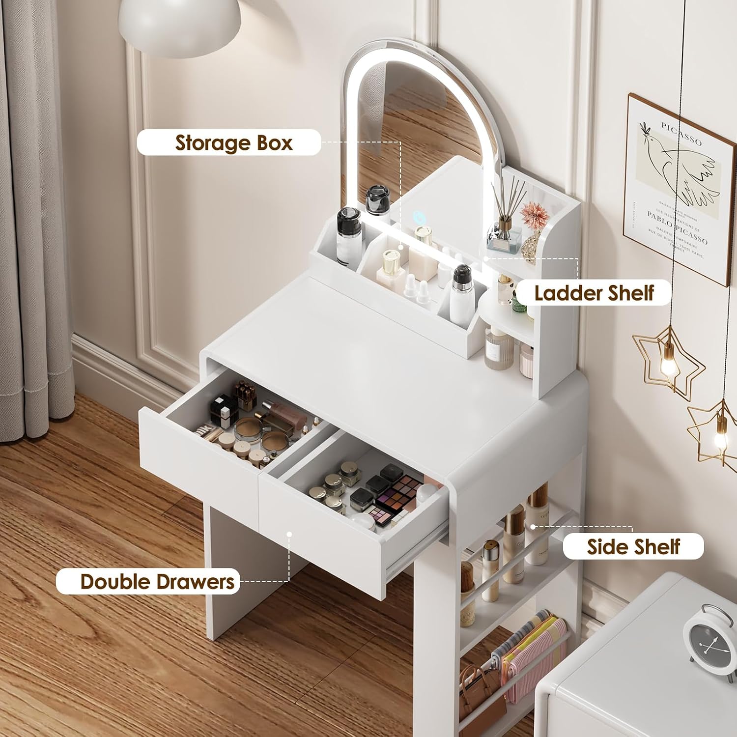 Vanity, Small Vanity Desk with Mirror and Lights, Side Shelf Storage Space, Compact Girls Dressing Table in Bedroom, Modern Round Curved Design, White