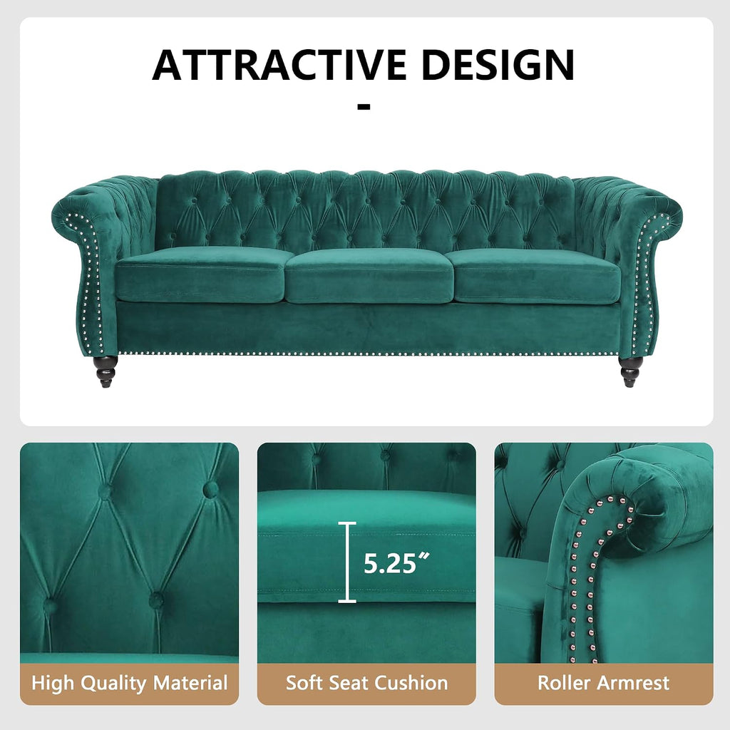 Velvet Sofa Couches Set, 3-Piece Mid Century Modern Upholstered Couch with Cushions, Home Sofa Sectional Furniture Sets, Comfy Tufted Chesterfield Couches for Living Room, Bedroom, Office