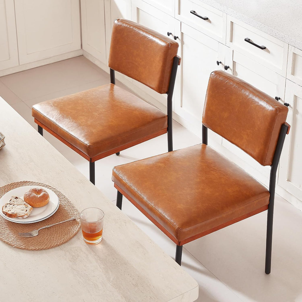 Modern Dining Chairs Set of 2, Kitchen Chairs with Thick Cushions and Adjustable Foot Pads, Upholstered Faux Leather Dining Room Chairs with Sturdy Metal Legs,Brown