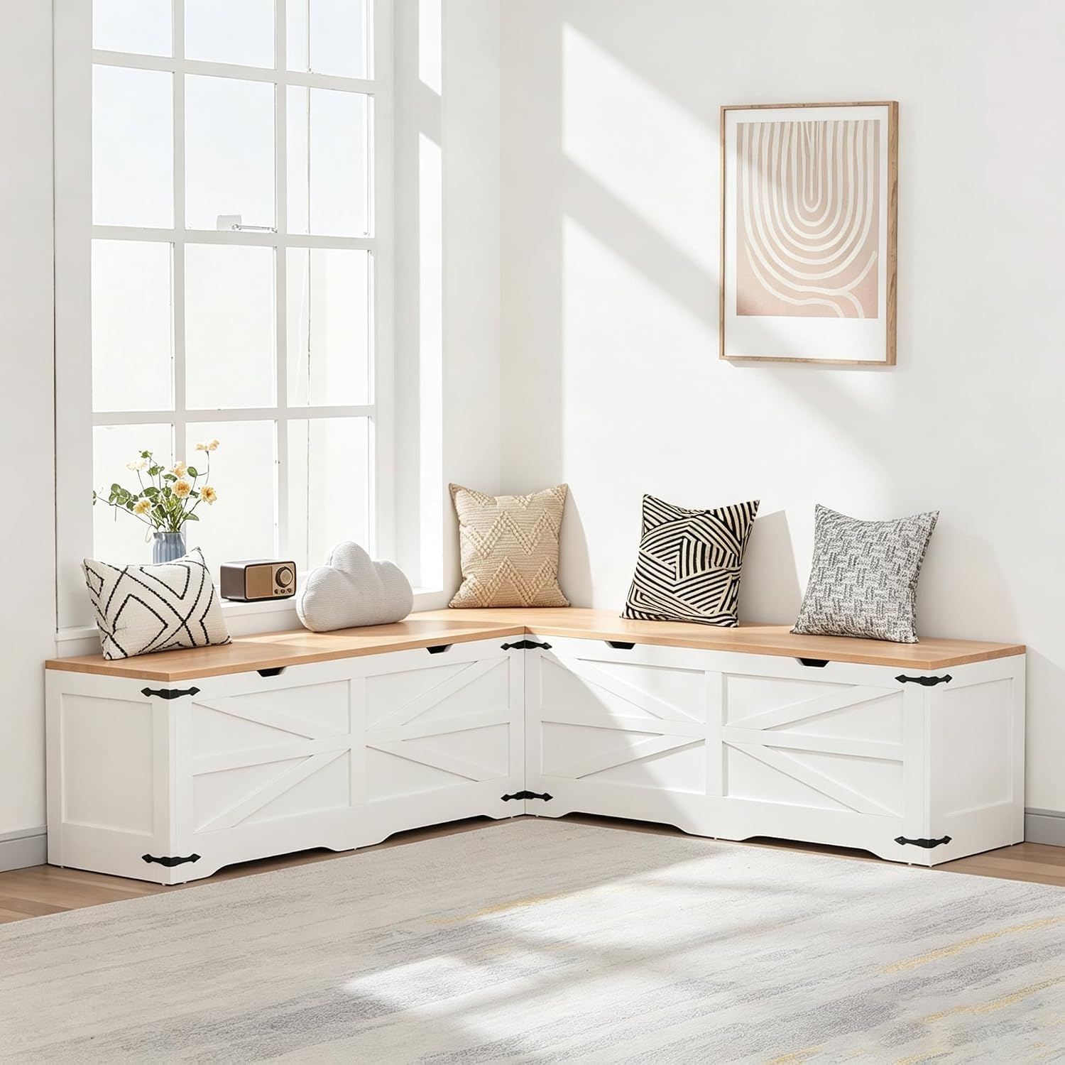 L Shaped Storage Bench, Farmhouse Kitchen Breakfast Nook Bench, Backless Corner Bench with Storage for Dining Room, Cloakroom, Entryway