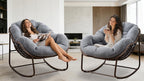 Oversized Papasan Rocking Chair - Outdoor Luxury Egg Chair Indoor Rattan Comfy Rock Chair with Cushion for Patio Garden Porch Lounge Lawn Bedroom Living Room (Grey Teddy)