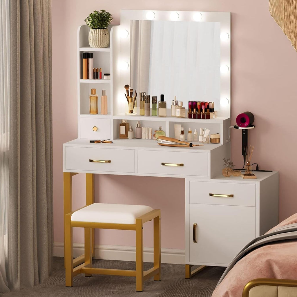 DWVO Vanity Desk with Mirror and Lights | Makeup Vanity with 3‑Mode Lighting and Power Outlet, Vanity Desk with Multiple Storage Drawers, Shelves, Cabinet and Stool