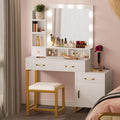 DWVO Vanity Desk with Mirror and Lights | Makeup Vanity with 3‑Mode Lighting and Power Outlet, Vanity Desk with Multiple Storage Drawers, Shelves, Cabinet and Stool