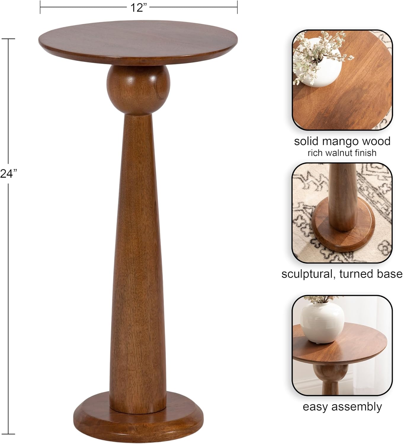 Kate and Laurel Jakob Modern Wooden Round Side Table; 12 x 24; Walnut Brown; Circle Pedestal Table for Use as Bedroom Nightstand; Indoor Plant Stand; or Decorative Living Room Table