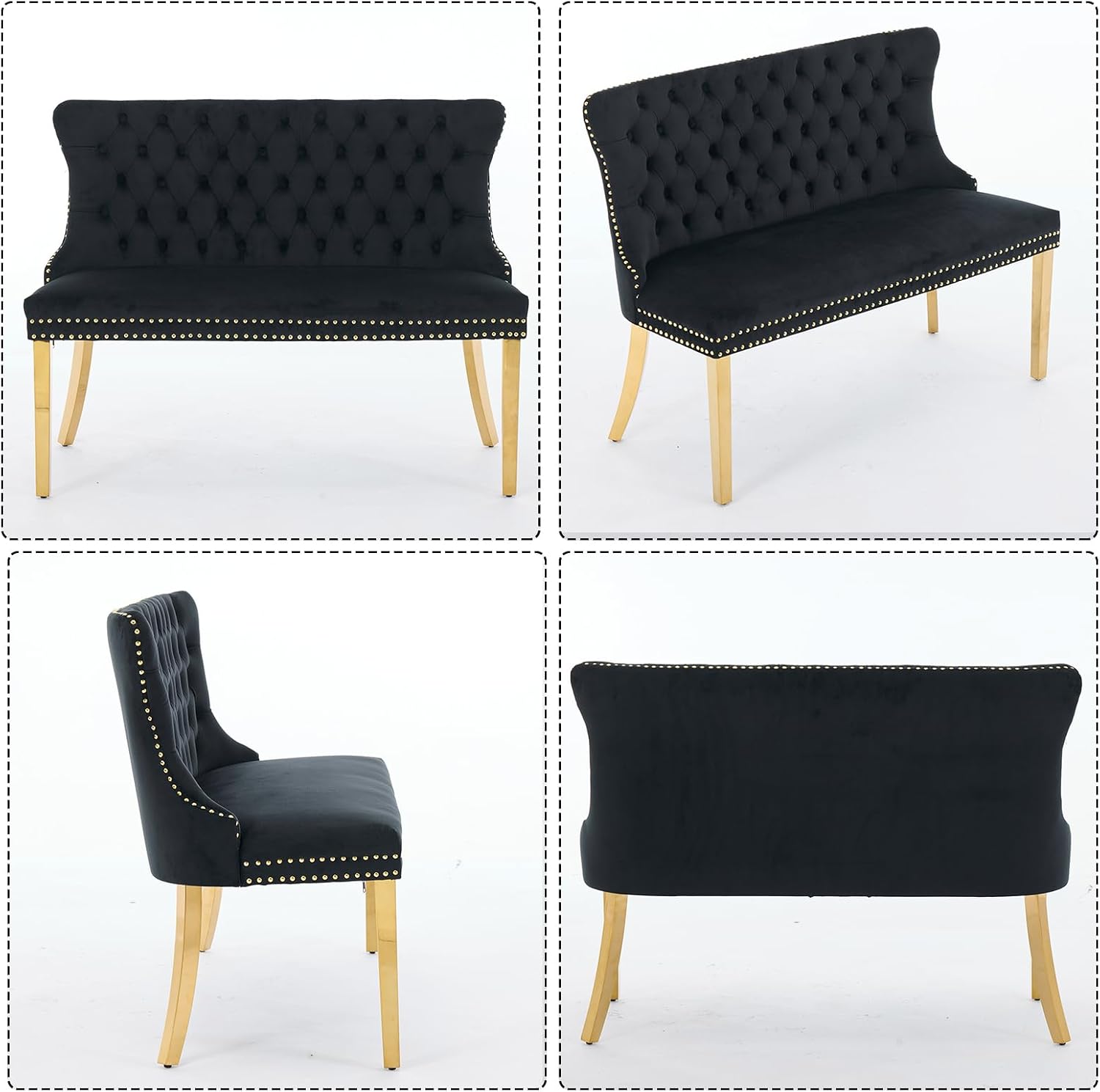 Henf Modern Tufted Velvet Dining Bench with Wing Back, 2-Seat, Nailhead Trim, Sturdy Stainless Steel Legs, Entryway Bench Small Upholstered Loveseat Sofa, 45.6''W x 22.7''D x 35.2''H (Black&Gold)