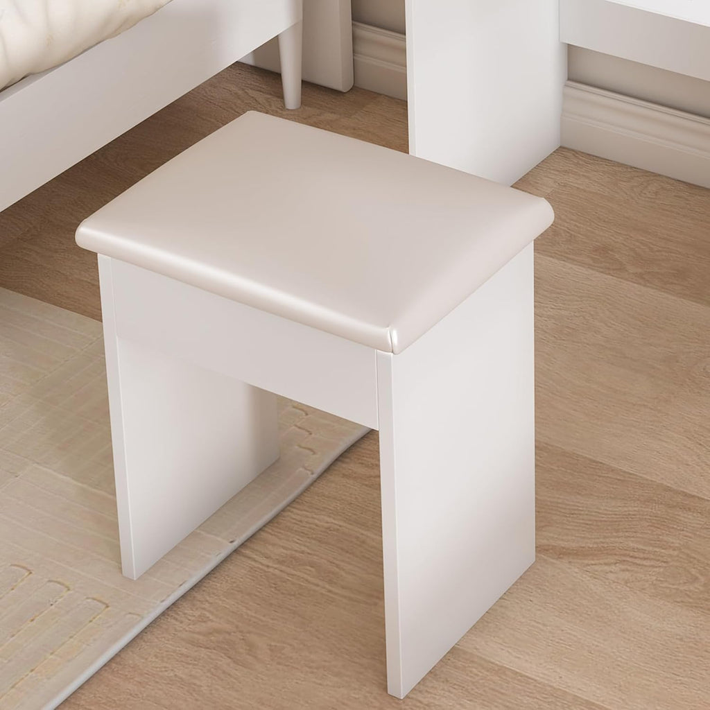 Small Makeup Vanity Desk with Mirror and Lights, Vanity Table Set with Storage Drawer & Open Shelves, 3 Lighting Colors, Adjustable Brightness Mini Makeup Vanity with Stool