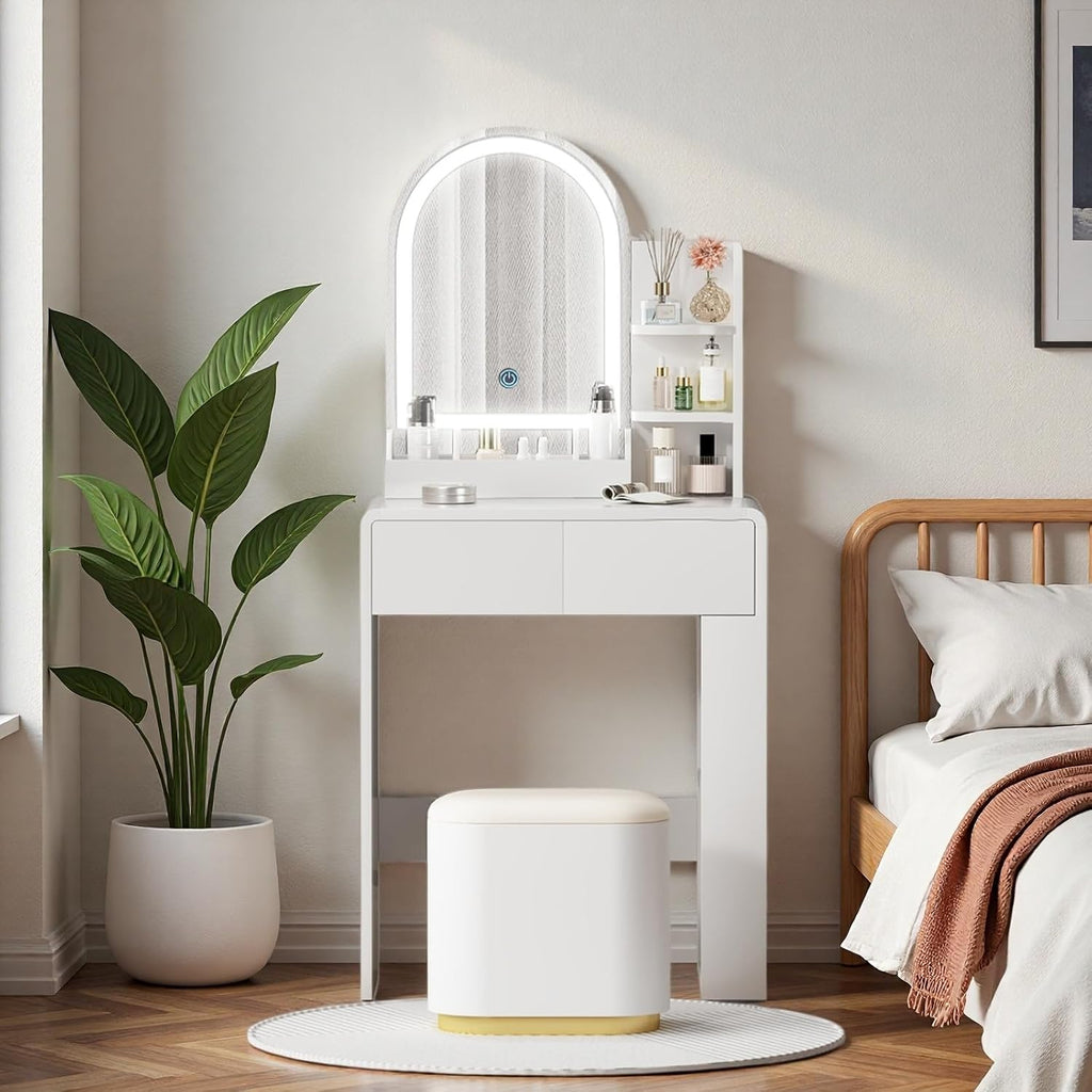 Vanity, Small Vanity Desk with Mirror and Lights, Side Shelf Storage Space, Compact Girls Dressing Table in Bedroom, Modern Round Curved Design, White