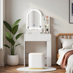 Vanity, Small Vanity Desk with Mirror and Lights, Side Shelf Storage Space, Compact Girls Dressing Table in Bedroom, Modern Round Curved Design, White