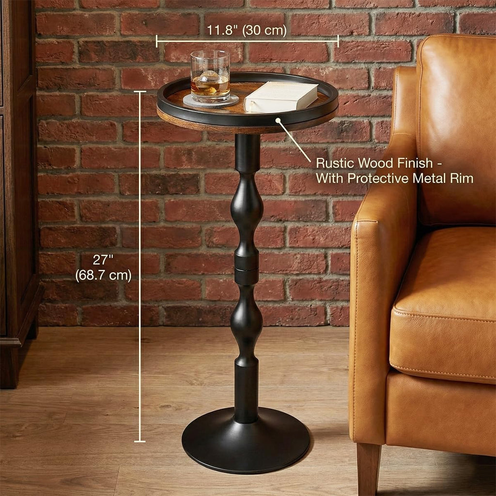 Small Round Side Table,Drink Table with Weighted Base,Industrial Metal & Wood Pedestal End Table with Tray Top, Martini Table for Small Spaces, Living Room,Bedroom,27" H