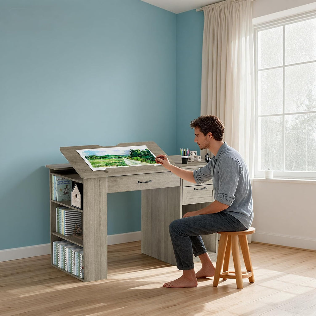 Drafting Table with Storage Cabinet & Drawers, Adjustable Drawing Table with Open Shelves, Craft Art Desk for Artists, Painters, Drawing, Crafting, Reading, Writing, Working (Grey)