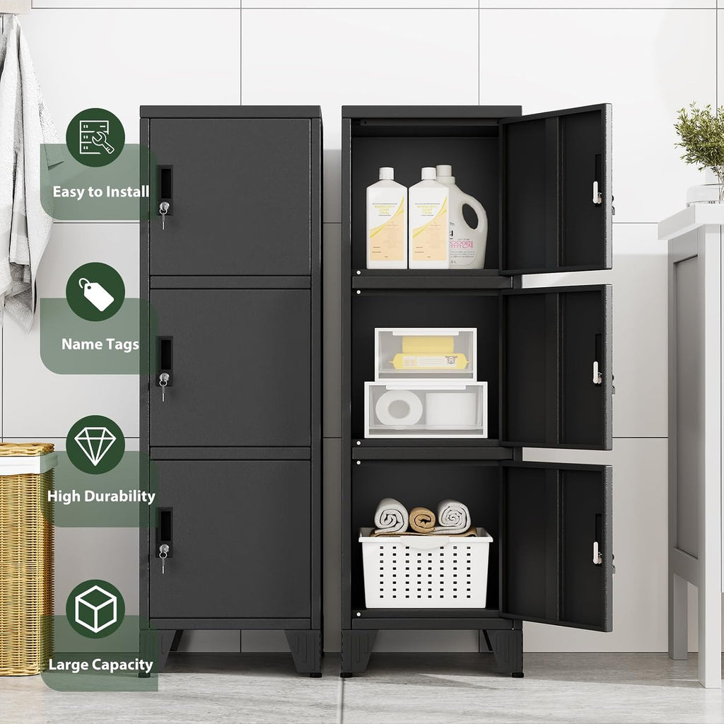 Metal Lockers for Employees-3 Doors Storage Locker with Shelves and Lockable Steel Cabinet for School,Gym,Office,Staff,Assembly Required,Black