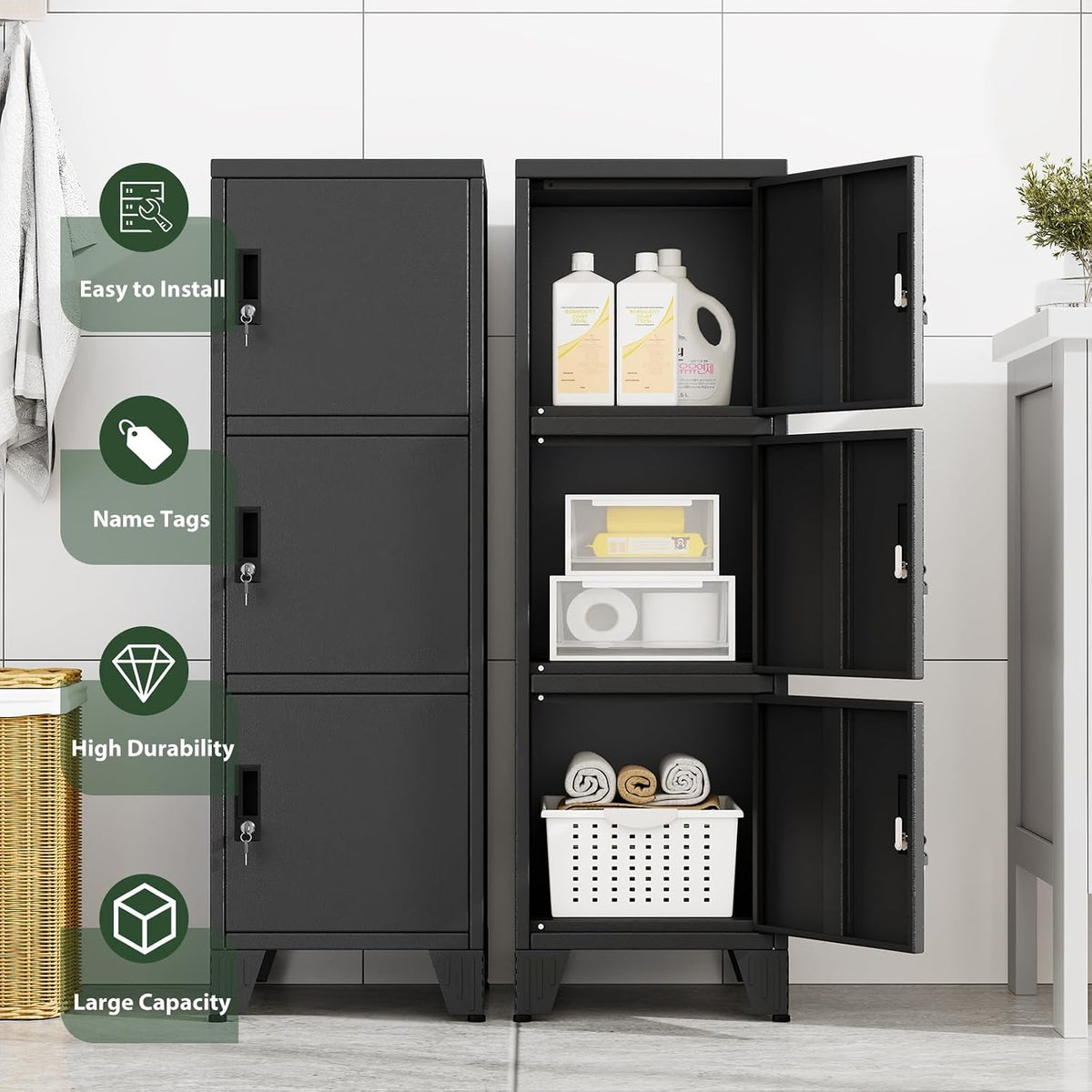 Metal Lockers for Employees-3 Doors Storage Locker with Shelves and Lockable Steel Cabinet for School,Gym,Office,Staff,Assembly Required,Black