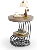LITTLE TREE Round Side Table, Wood End Table with 2-Tier Storage Shelf, Accent Coffee Table, Curved Metal Frame End Table for Small Spaces, Living Room, Bedroom, Light Brown + Black
