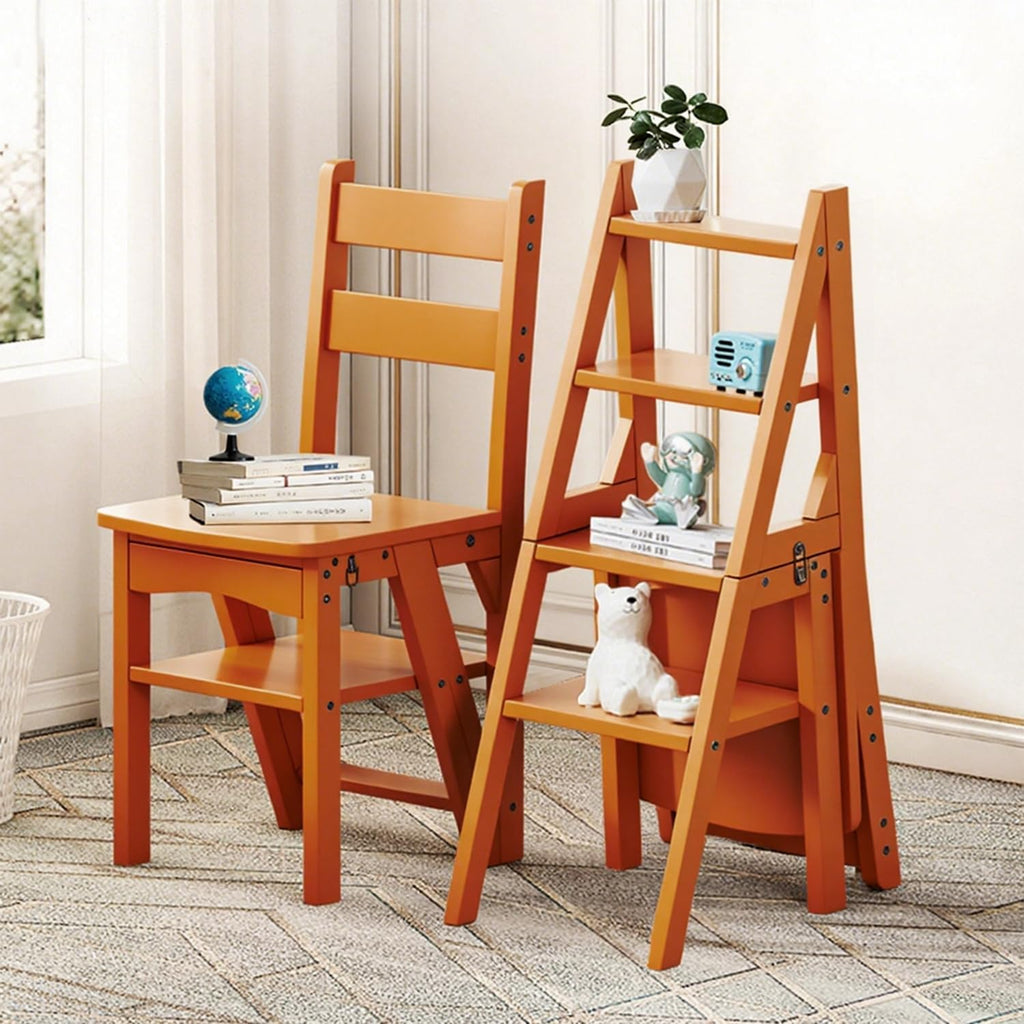 Solid Wood 3-in-1 Folding Ladder Chair, Convertible Step Stool & Display Rack, 4-Tier Multi-Functional Ladder, Dual Purpose for Home, Kitchen, Library, 265 lbs Capacity (Brown)