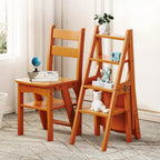 Solid Wood 3-in-1 Folding Ladder Chair, Convertible Step Stool & Display Rack, 4-Tier Multi-Functional Ladder, Dual Purpose for Home, Kitchen, Library, 265 lbs Capacity (Brown)