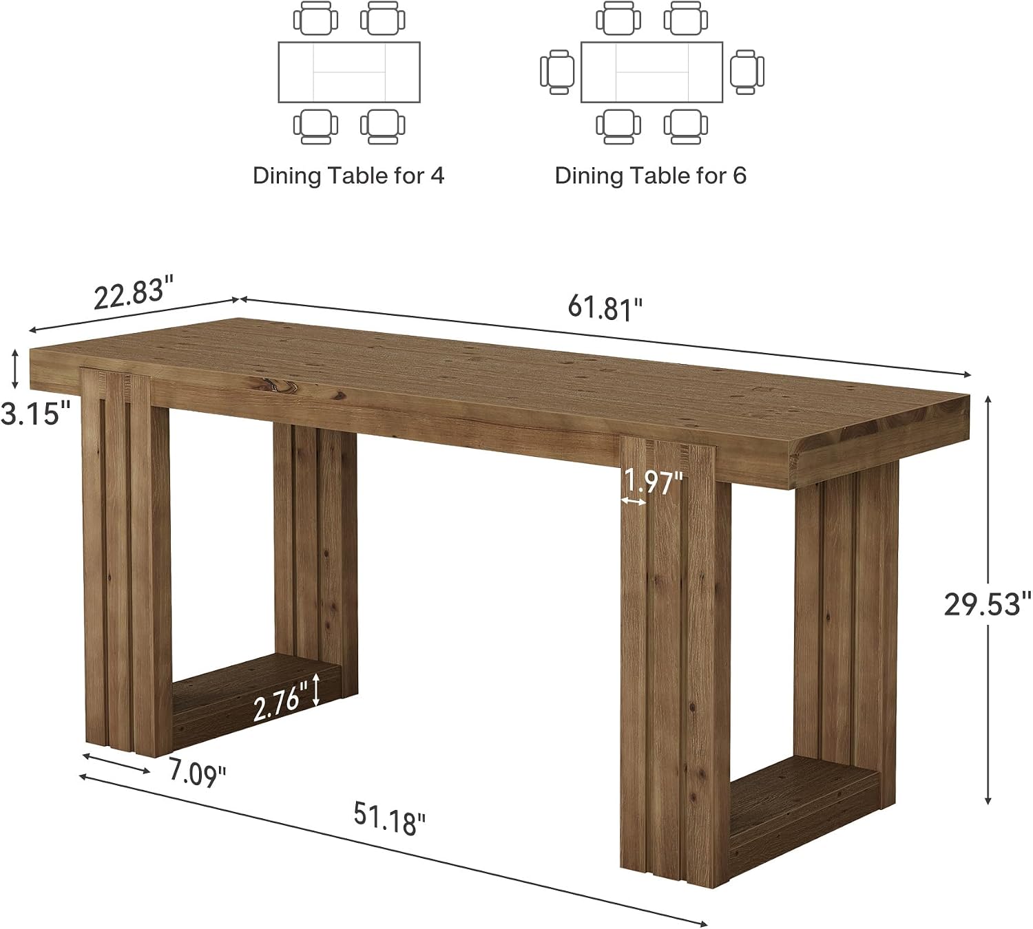 LITTLE TREE Solid Wood Dining Table, 61.8” Dining Table for 4-6 People, Rectangular Wood Kitchen Table, Farmhouse Dinner Table with U-Shaped Legs for Kitchen, Dining Room, Kitchen, Rustic Brown