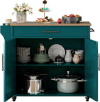 Kitchen Storage Island, Wooden Rolling Island On Wheels with Wood Top, Mobile Kitchen Island Cart with Towel Rack, Spice Rack and Drawers, Green