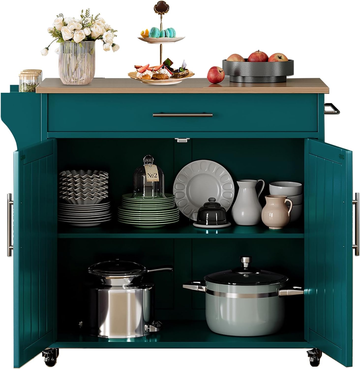 Kitchen Storage Island, Wooden Rolling Island On Wheels with Wood Top, Mobile Kitchen Island Cart with Towel Rack, Spice Rack and Drawers, Green
